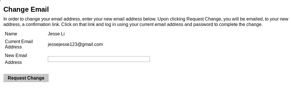the email reset form, containing a text input for the new address