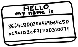 a name tag saying 'Hello my name is 86d4c80024a469be4c50bc5a102cf71780310074'